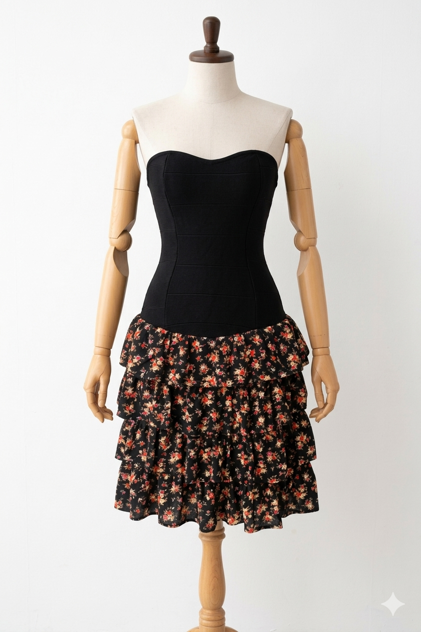 Vestido básico com babado floral.
